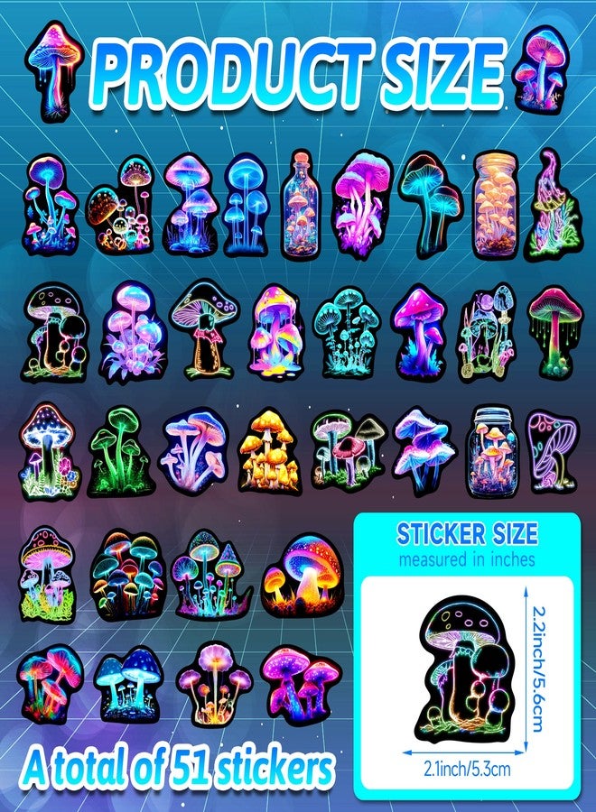 Robmoda 50 Pcs Neon Mushroom Stickers for Kids Glow in The Dark, Waterproof Vinyl Vegetation Decals for Water Bottle Laptop, Teens Girls Boys Students Adults Decor Pack - Image 2